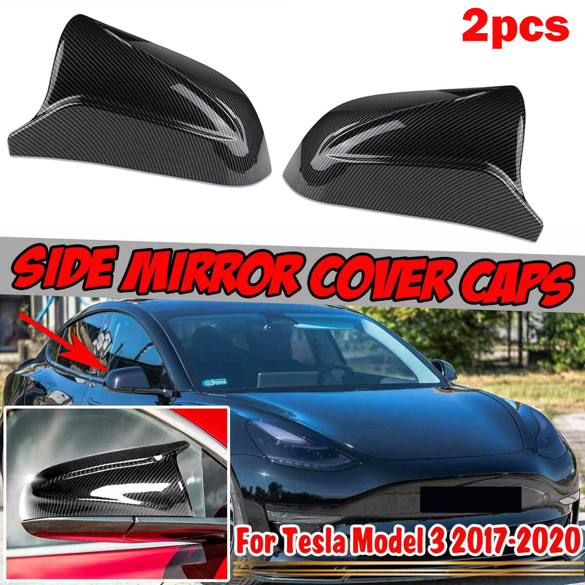 2x Rearview Wing Door Side Mirror Cover Cap Carbon Fiber for Tesla Model 3 17-20