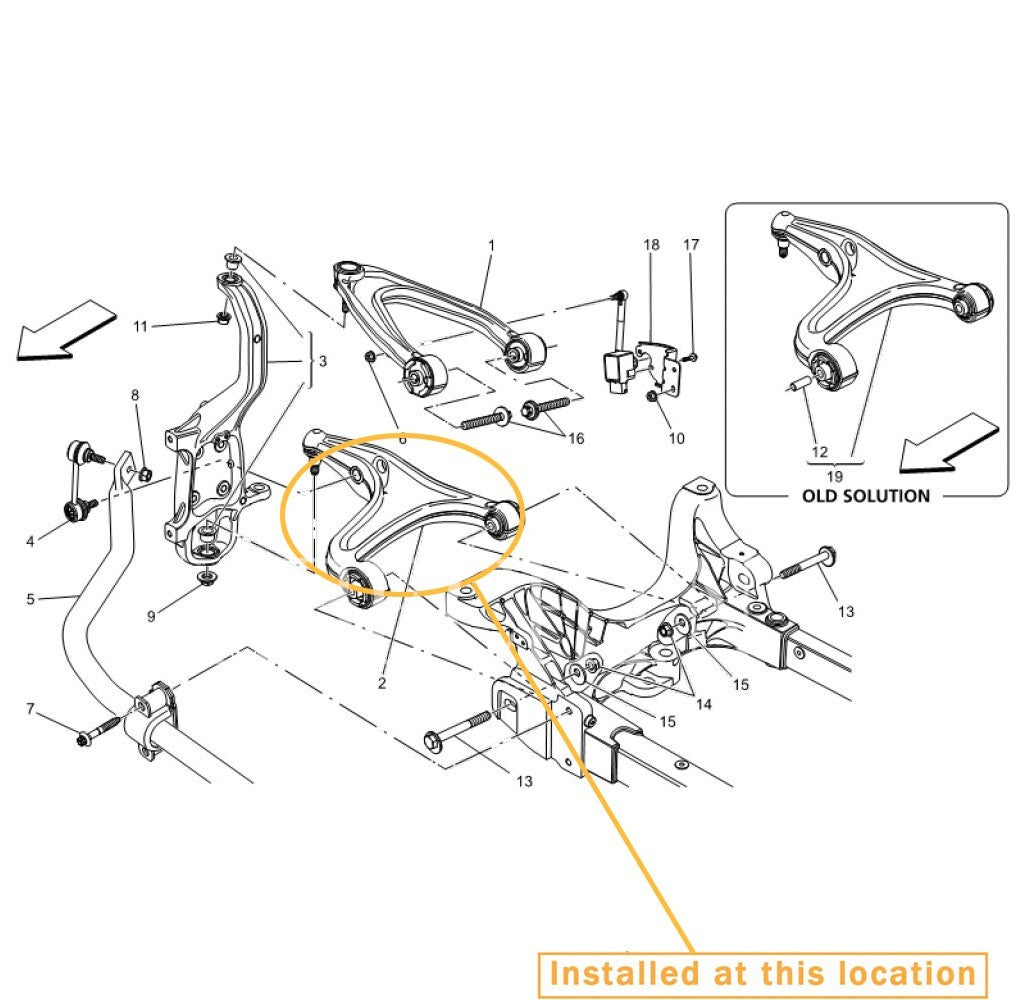 for Maserati Quattroporte M156, front left lower control arm. equipment manufacturer: 670006933