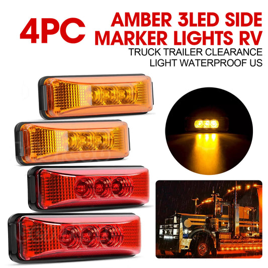 4-Pack Amber 3LED Side Marker Lights for RVs, Trucks, and Trailers - Waterproof.