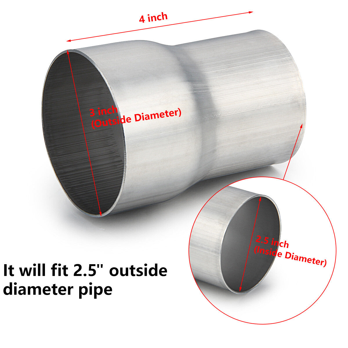 2.5-inch ID-3-inch OD Exhaust Adapter Connector Exhaust Pipe Reducer 304 Stainless Steel