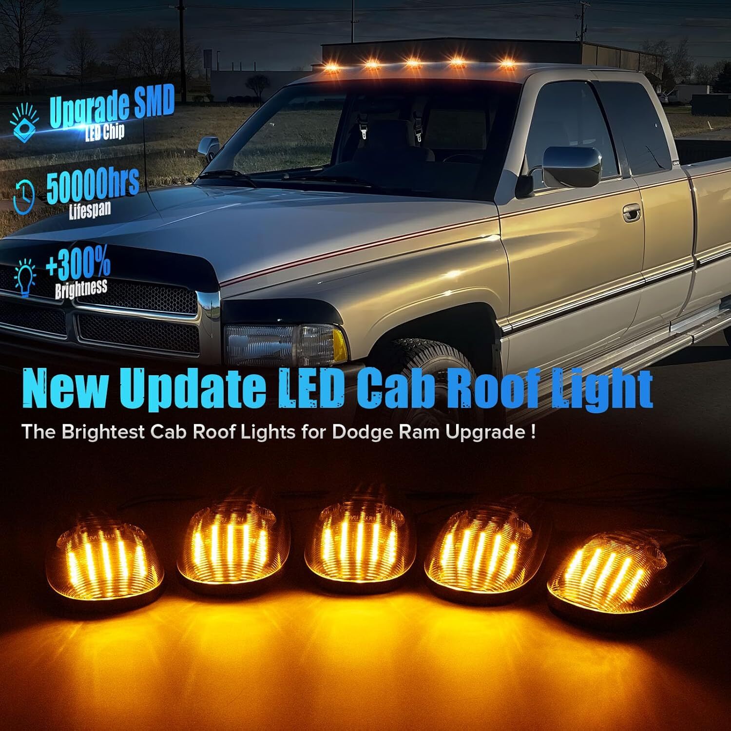 5-Piece Cab Roof Daytime Lights with Chrome Alloy Housings and Yellow LEDs for 99-01 for Dodge for Ram Trucks