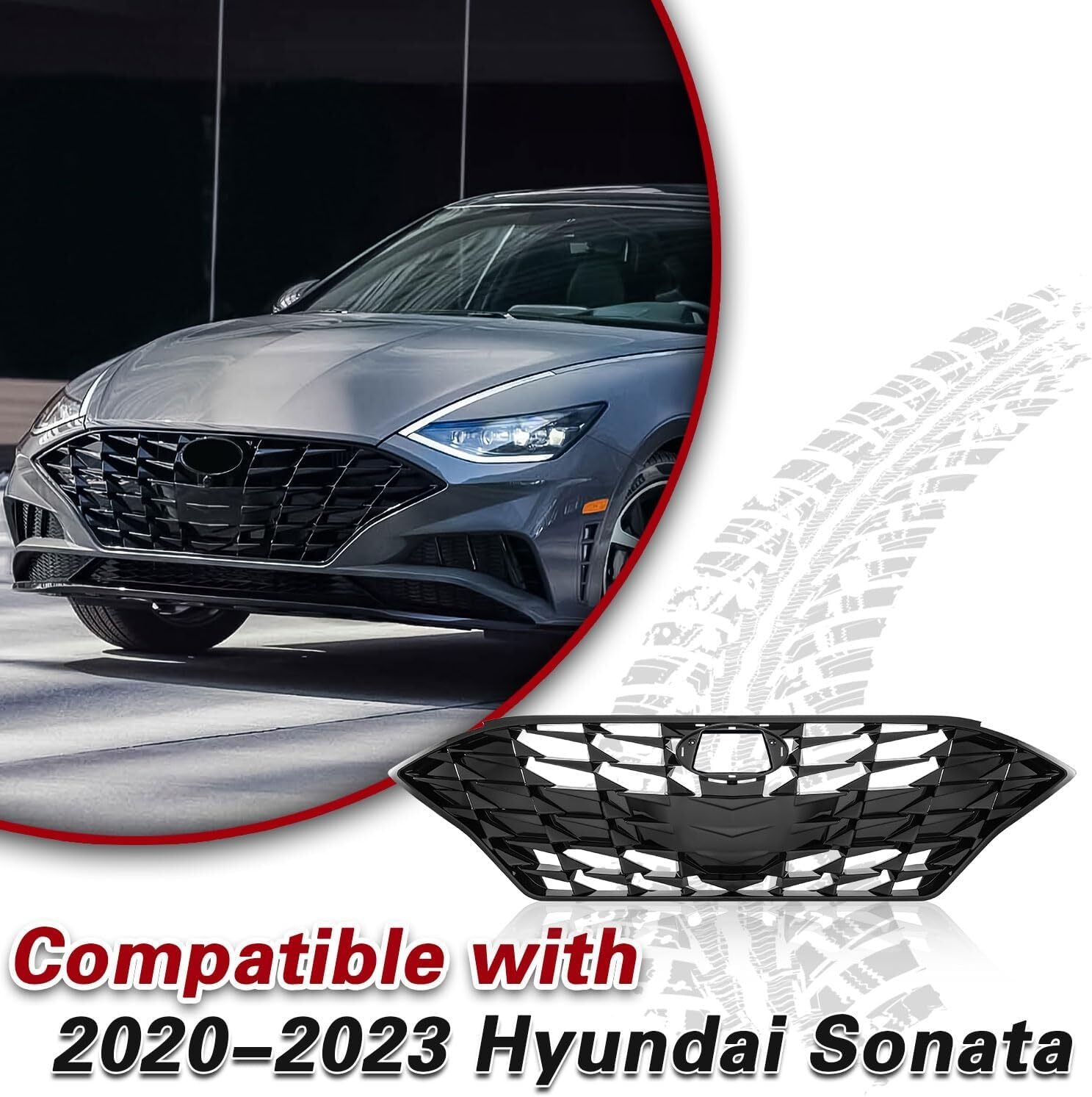 Front Upper Grille W/O Sensor Hole for Hyundai Sonata 2020-2023 Gloss Black