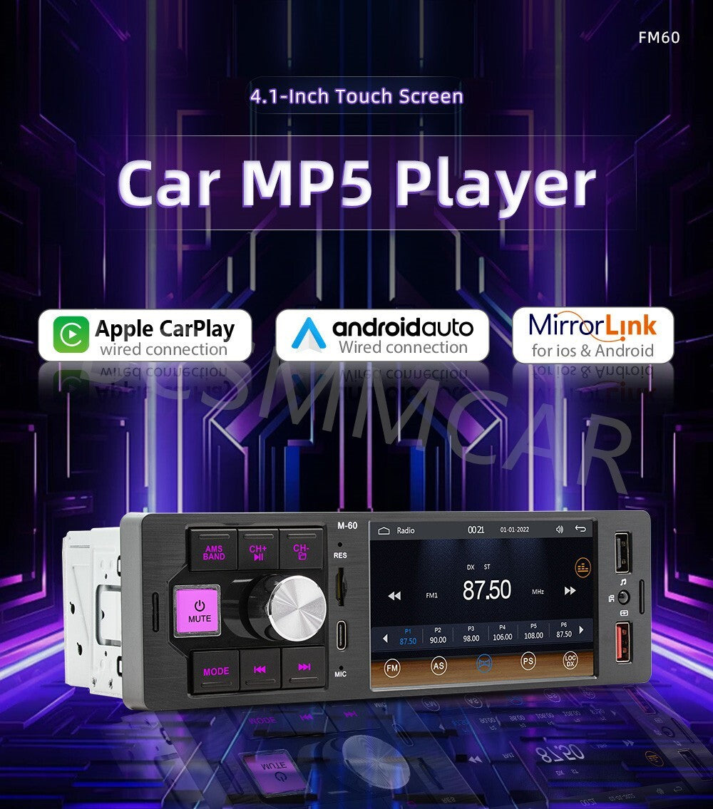 4.1in 1 Din Touch Screen Car Stereo Radio Player For CarPlay Android Auto Camera