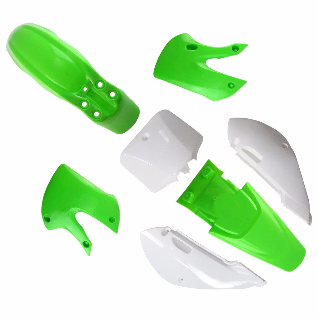 Graphic for seat , fuel tank, and plastic mudguards suitable for Kawasaki KX65, KLX110, and RM65 off-road bikes.