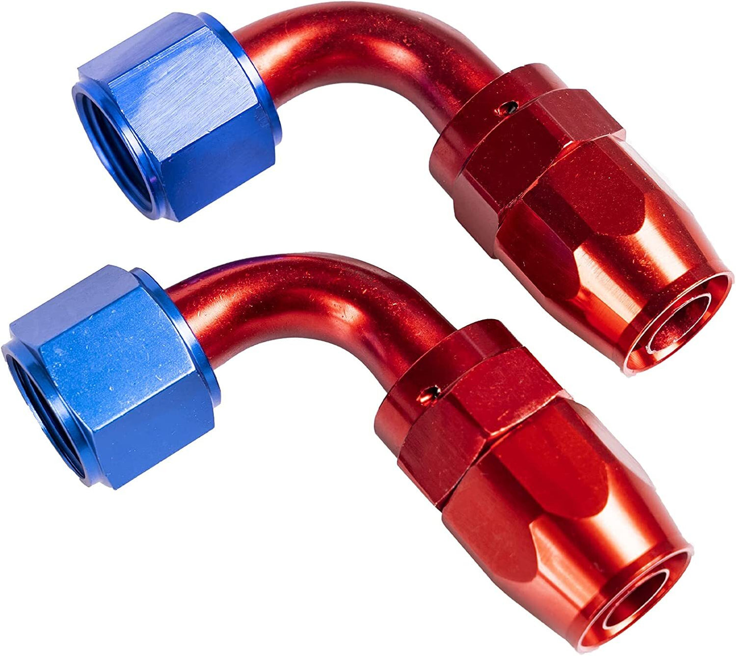 Red and blue AN10 90-degree swivel hose end adapter for fuel CPE hoses US