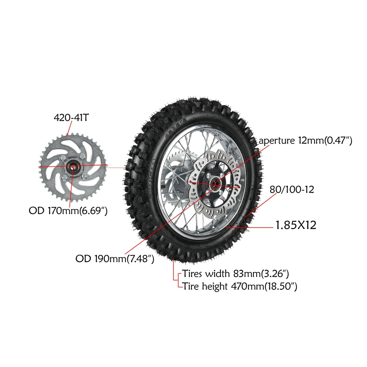12 Rear Wheel 80/100-12 Tyre Rim 1.85x12 Sprocket Disc Pit Bike 125cc 110cc SSR
