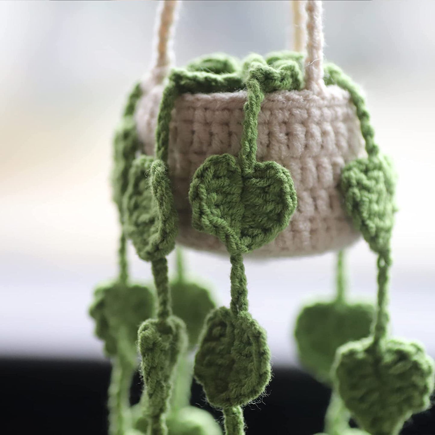 1Car Plant Crochet Hanging Basket Cute Rearview Mirror Hanging Ornament Decor