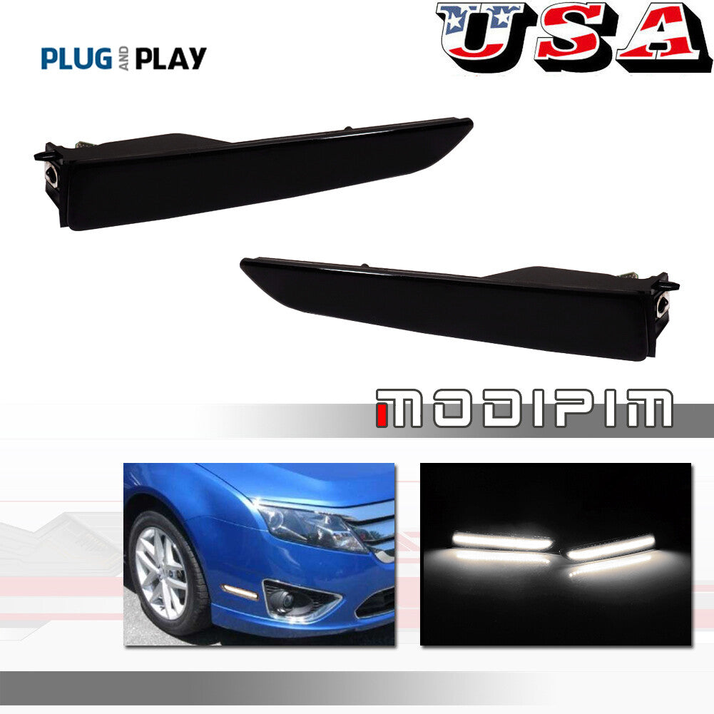 Two smoked front bumper side marker lights with white LEDs, suitable for 10-12 for Ford Fusion models.