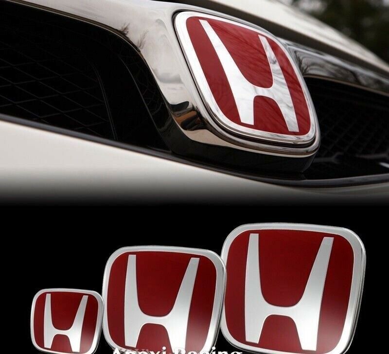 3-Pack Red H-Type - R STEERING Front and Back Embroidery Badges for 4DR for CIVIC 2016-2021