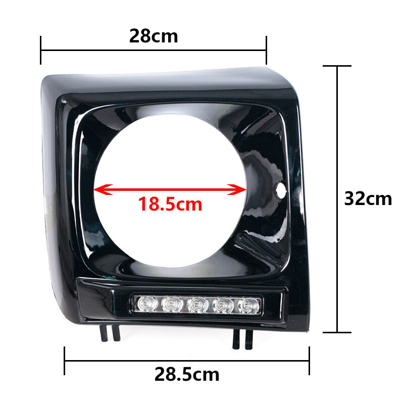 pair of black headlight bezels for the 1990-2018 for Mercedes W463 G63 Wagon G500 with LED DRLs.