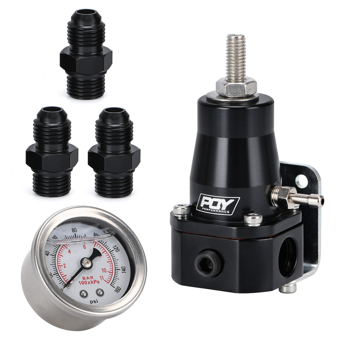 FPR AN6 14-36PSI Fuel Pressure Regulator with Gauge BLACK Aluminum Adjustable
