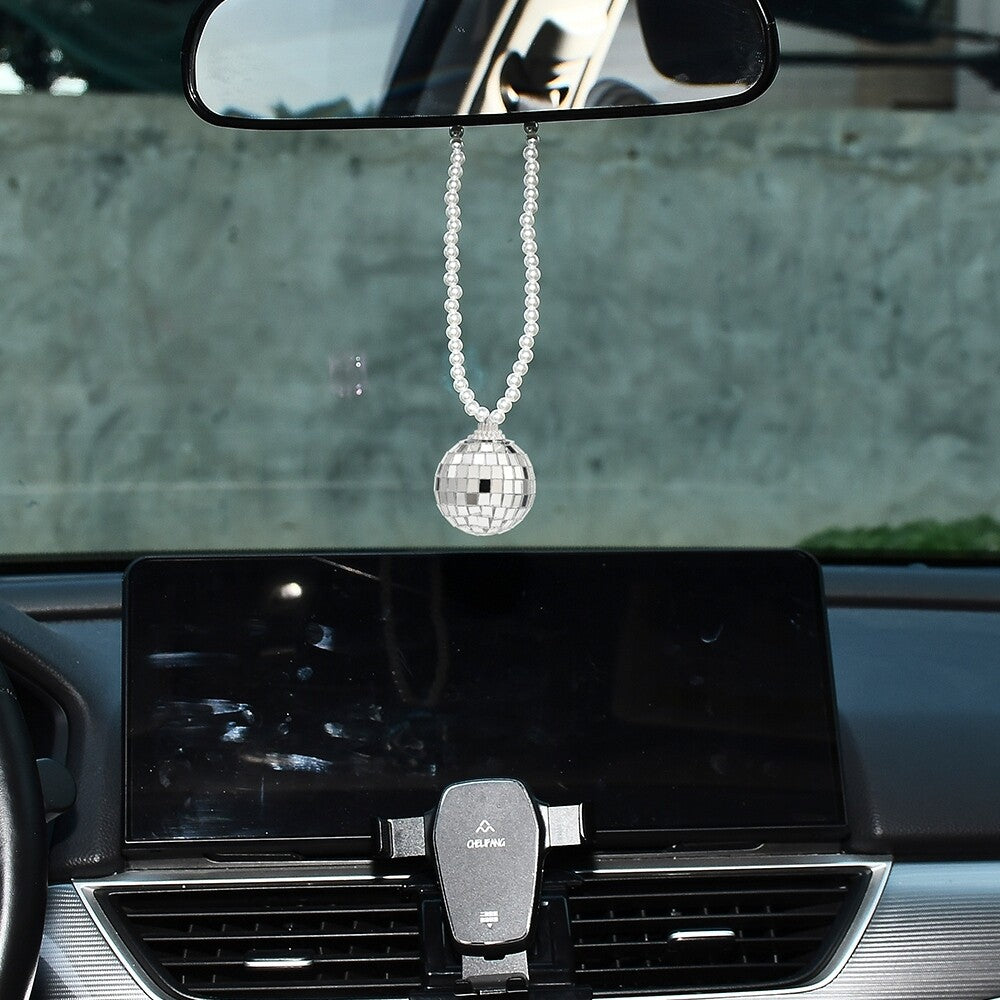 Silver Bling Disco Ball Car Rear View Mirror Hanging Ornament Pearl Chain Women