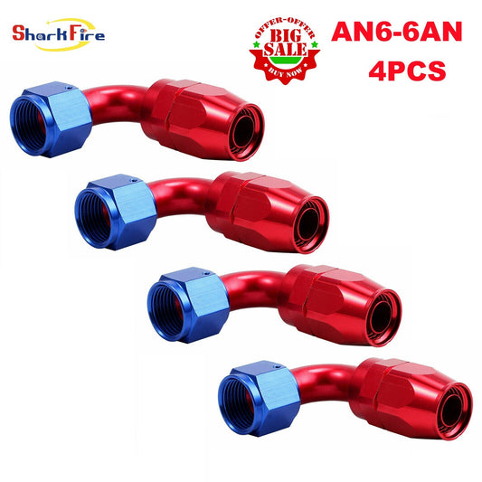 Red and blue AN6 90-degree swivel hose end adapter for 6AN fuel CPE hoses