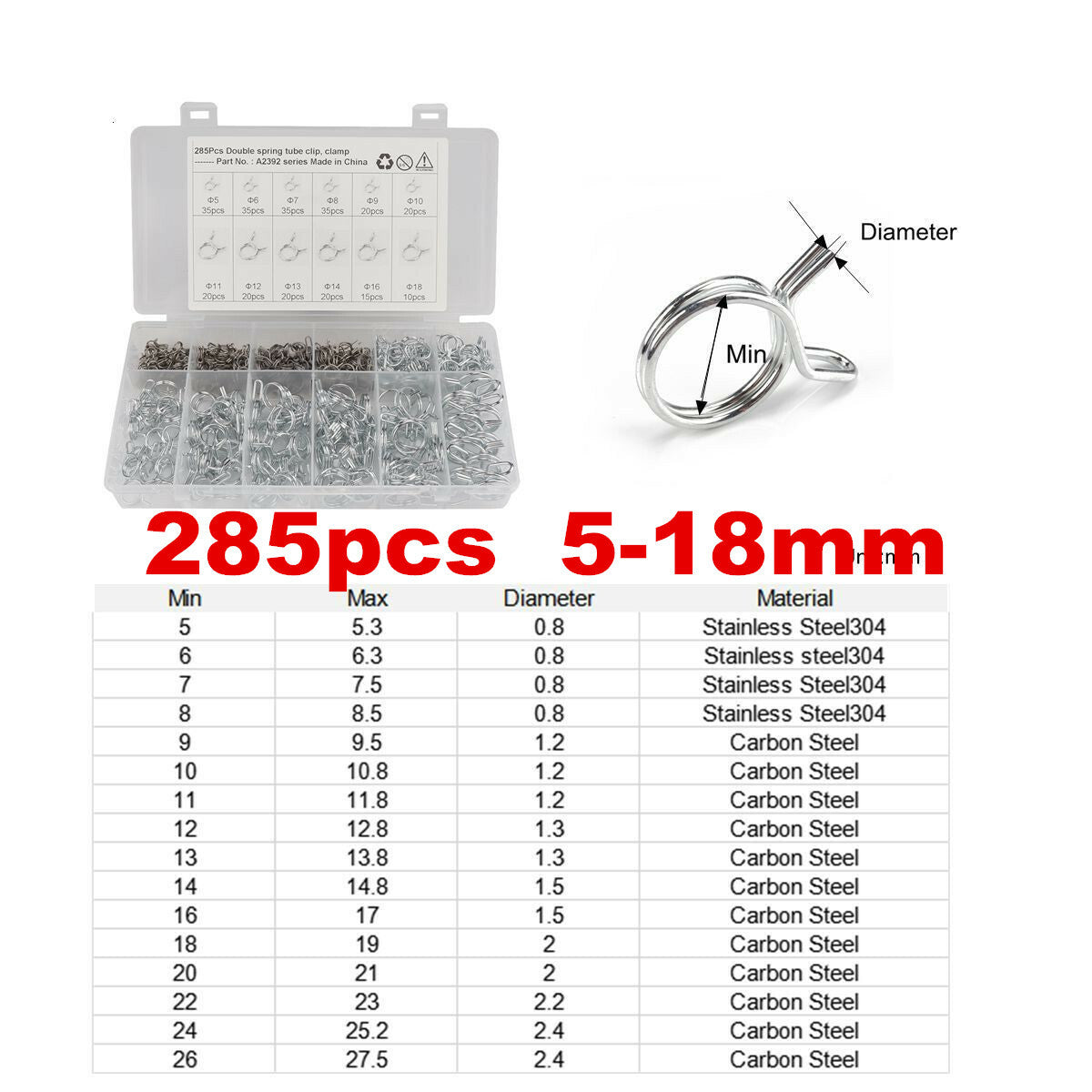 285pc Motorcycle Fuel Line Petrol Pipe Fuel Hose Clips / Clamps Spring Wire Type