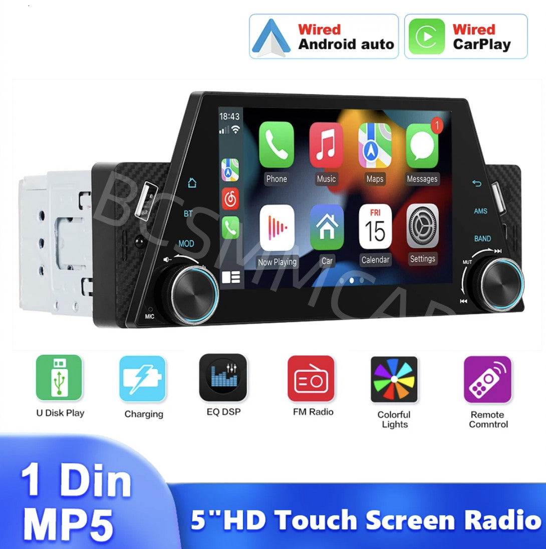 For Apple CarPlay 5in 1Din Car Stereo Radio Android Auto Touch Screen W/Camera