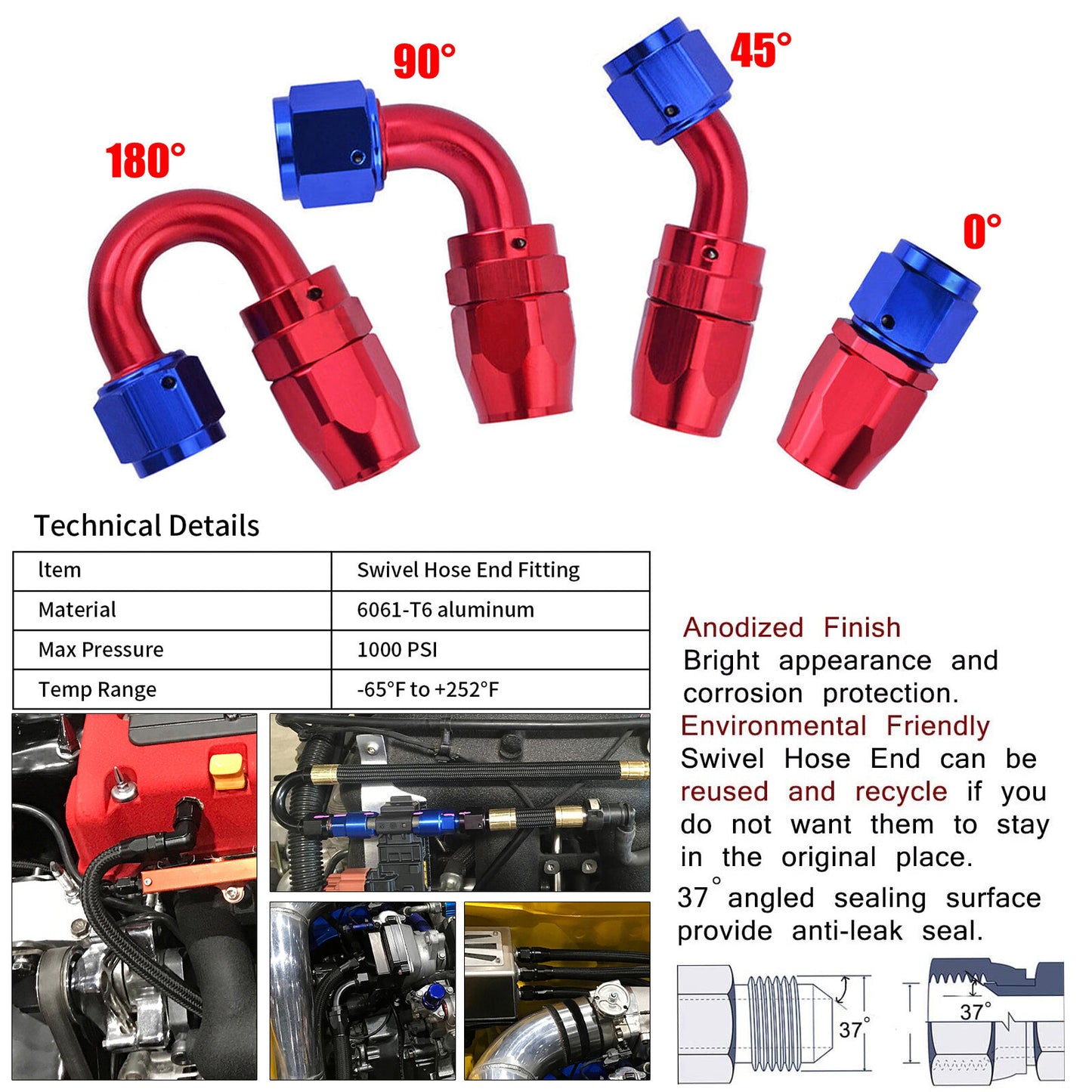 Red AN6/AN8/AN10 swivel hose end adapter for oil/fuel/gas fuel hose ends