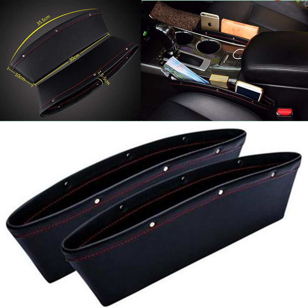 2x Black PU Leather Car Seats Catcher Gap Slit Bag Pocket Storage Leak-proof Box
