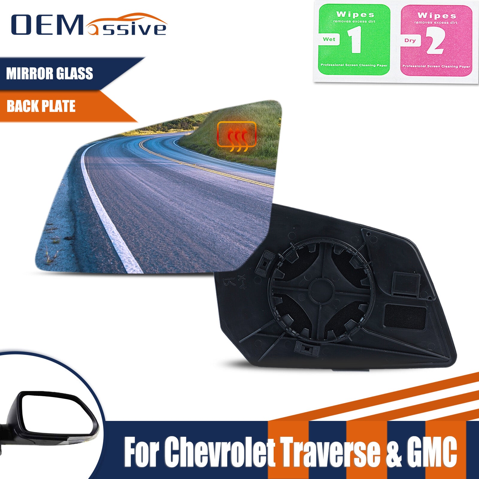 1X Driver Side Heated Mirror Glass for Chevrolet Traverse 2007-2016 w/Back Plate
