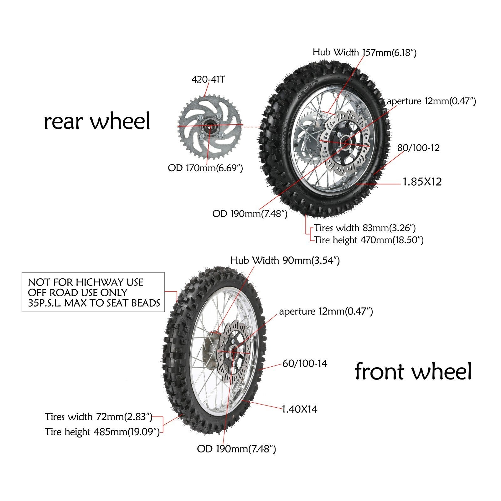 60/100-14 + 80/100-12 front and rear tires and rims SSR 125cc Taotao 110cc Pit bicycle