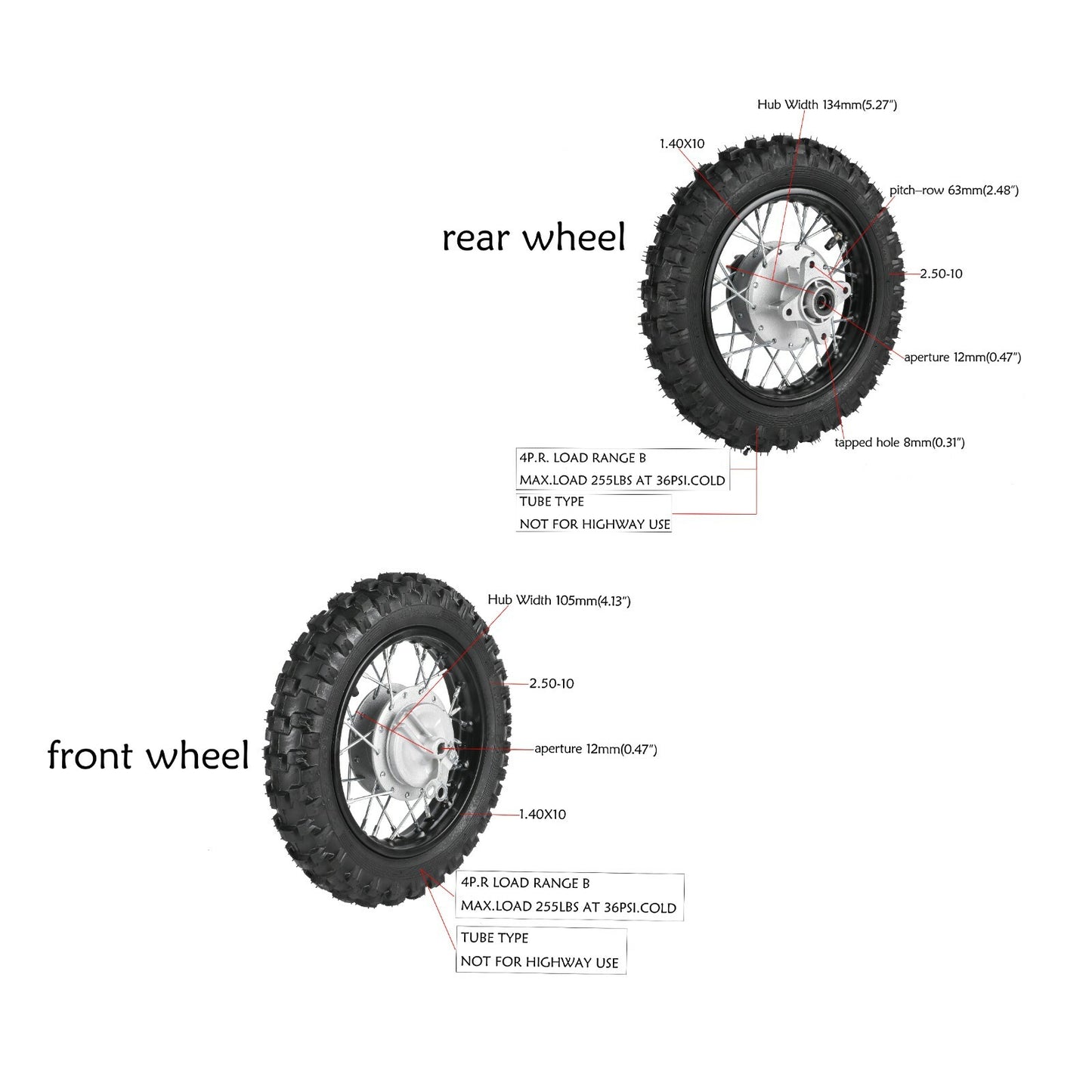 Front Back 2.50-10 Wheels Tyre Rim Drum Brake Dirt Bike CRF50 Coolster 70 TTR50