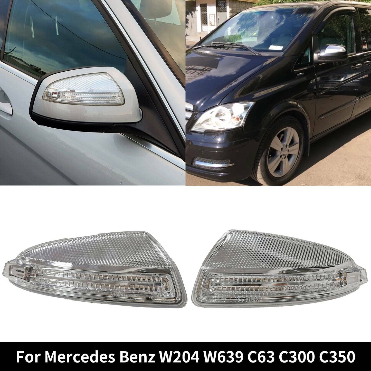 A pair of door mirror turn signals are applicable to for Mercedes-Benz W204, W639, C63, C300, C350, and AT