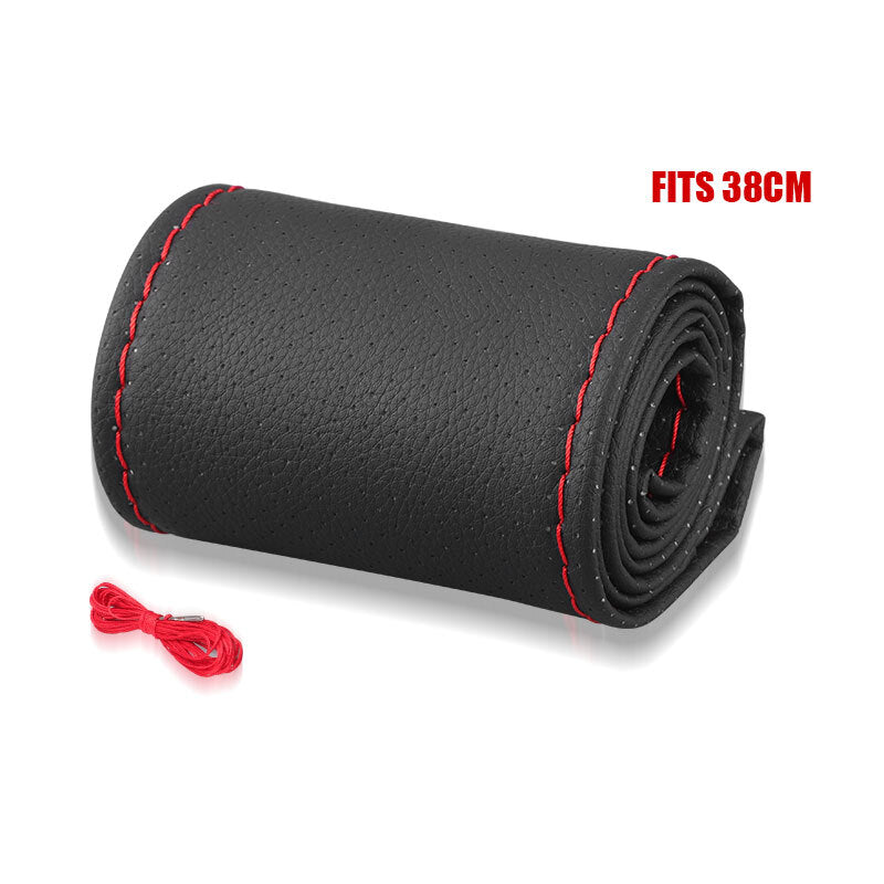Black Car Steering Wheel Cover DIY Leather Needle Thread Anti-slip For 15 38CM