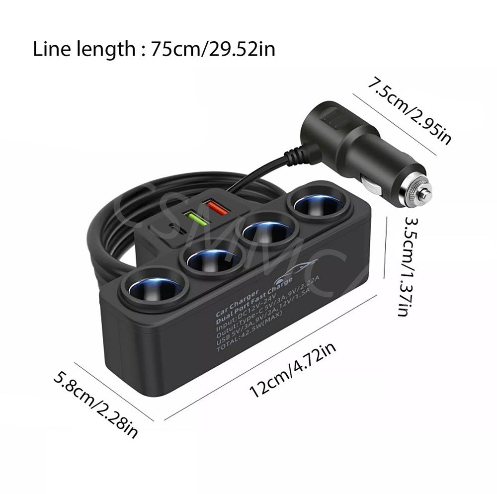 4 Way Car Cigarette Lighter Socket Splitter PD USB Charger Power Adapter 12V