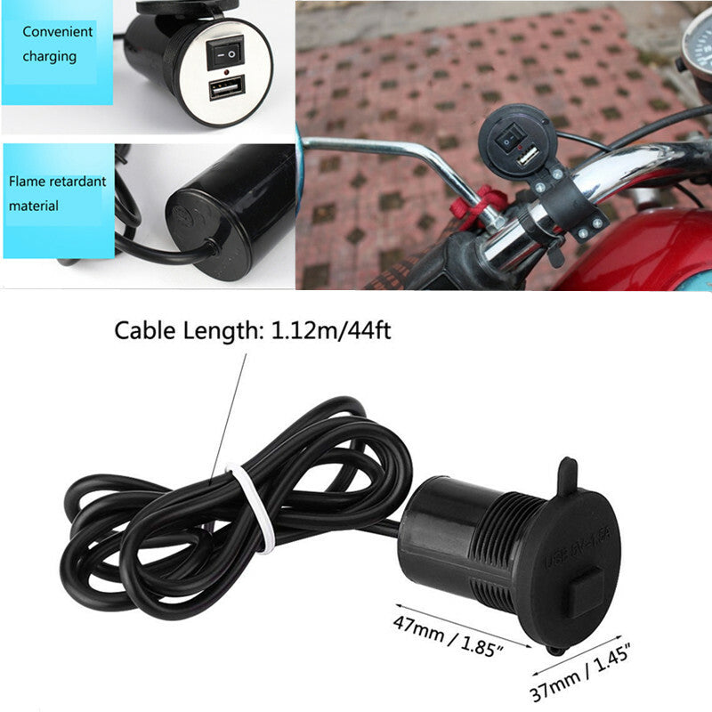1Pcs Motorcycle ATV Handlebar USB Socket Button Call Phone Charger Adapter Kit