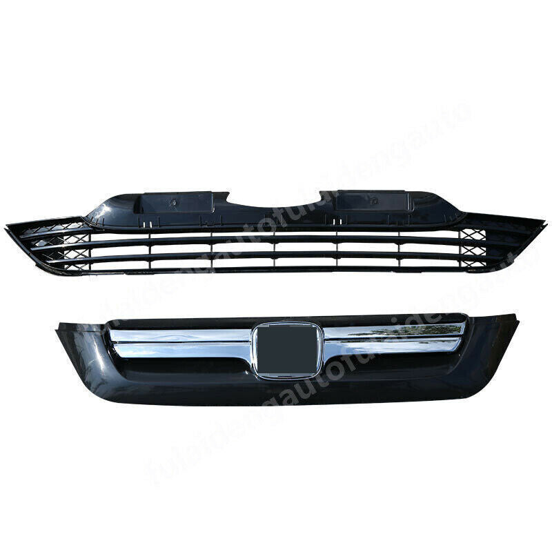 2x for Honda CR-V 2007-09 Black W/Chrome UpperLower Grill Front Bumper Replace