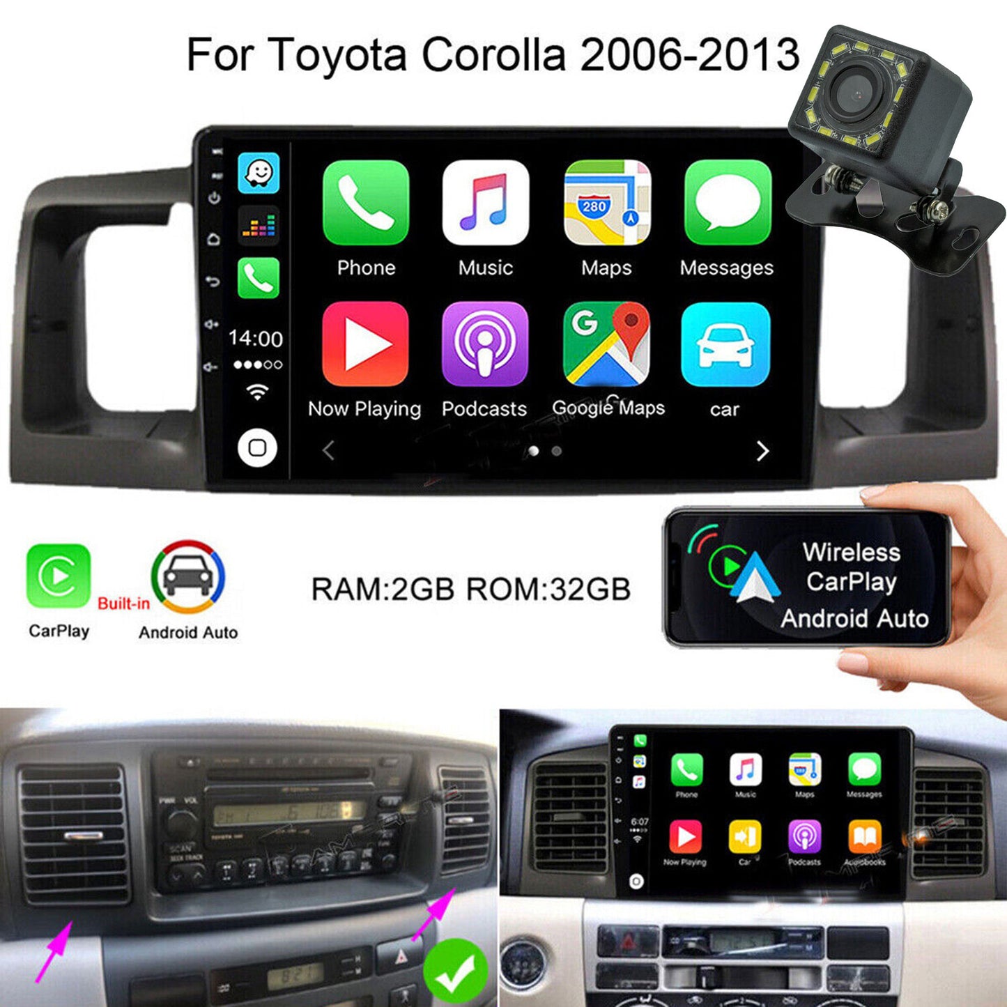 Car Stereo Radio For 1.8L for Toyota for Corolla 2003-2008 9 2G 32G Carplay Camera Part
