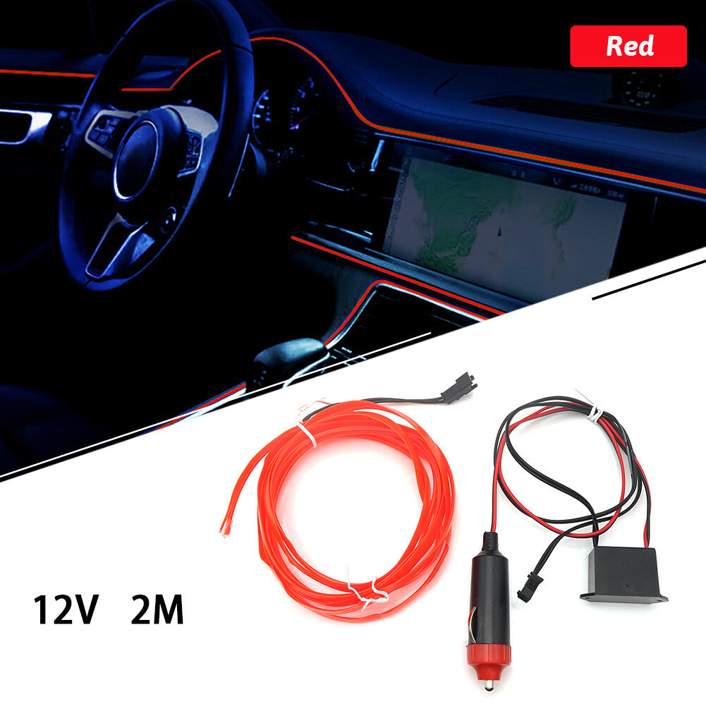 Red 2M Car Interior LED Neon Lights Decor Atmosphere El Wire String Strip Lamp