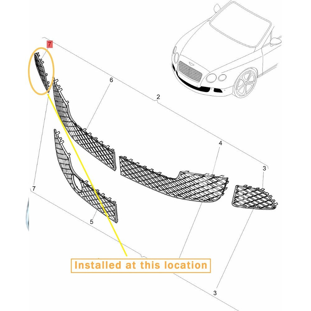 for Bentley GT GTC 12-17 6.0 front bumper grille right. Equipment Manufacturer: 3W3807684
