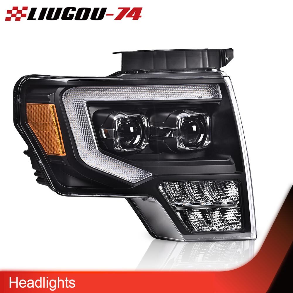 Fit For [Halogen] 2009-14 for Ford F150 Dual LED DRL Tube Projector Headlights (Black)