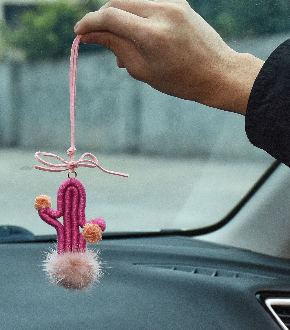 Pink Cactus Car Rearview Mirror Ornament Hanging Cute Crochet Succulent Plant