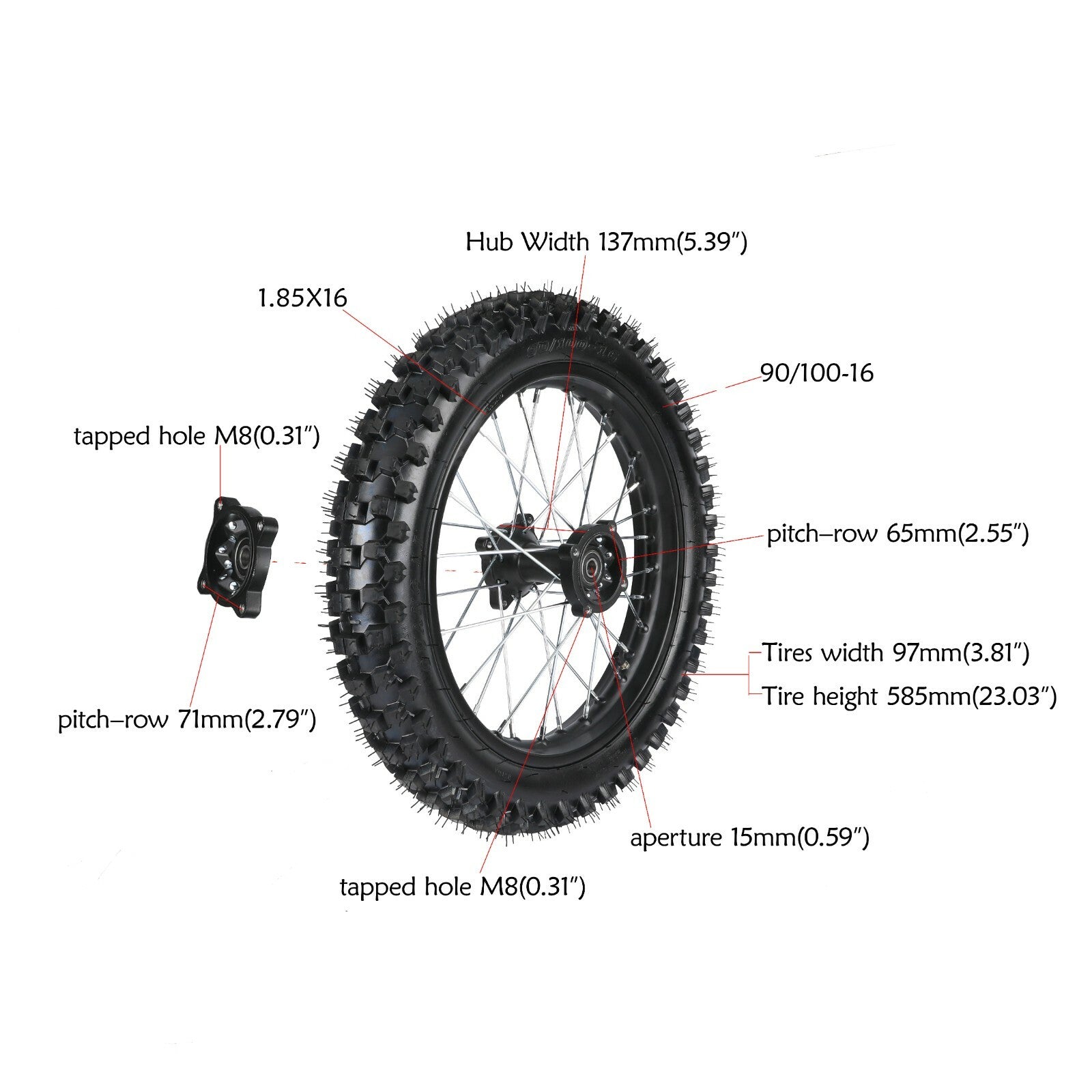 90/100-16 Rear Tire Rim Chain Sprocket Fo Dirt Pit Bicycle TTR125 KX100 CRF100
