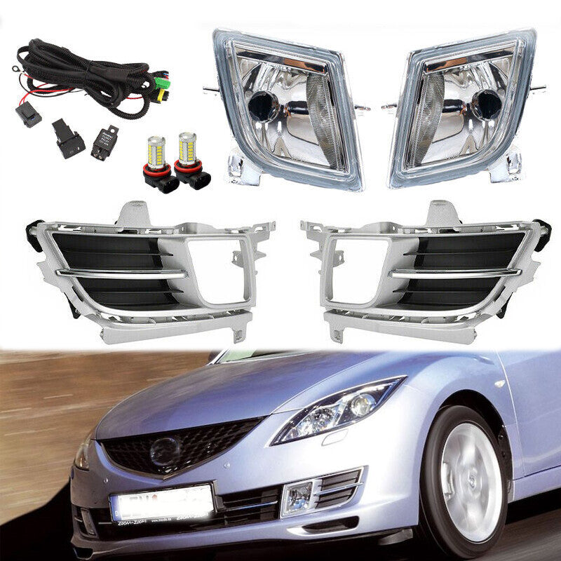 1 Set LED Front Fog Light Lamp Chrome Cover Wiring Switch for Mazda 6 2009-2010