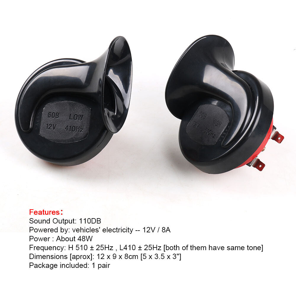 Universal Car Horn Waterproof Snail Horn 110db Super High/Low Tune For 12V Power