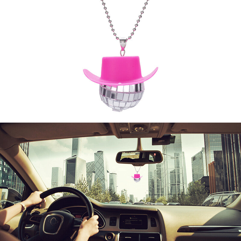 Cowboy Hat Disco Ball Car Ornamen Shiny Rear View Mirror Hanging Acessory Pink