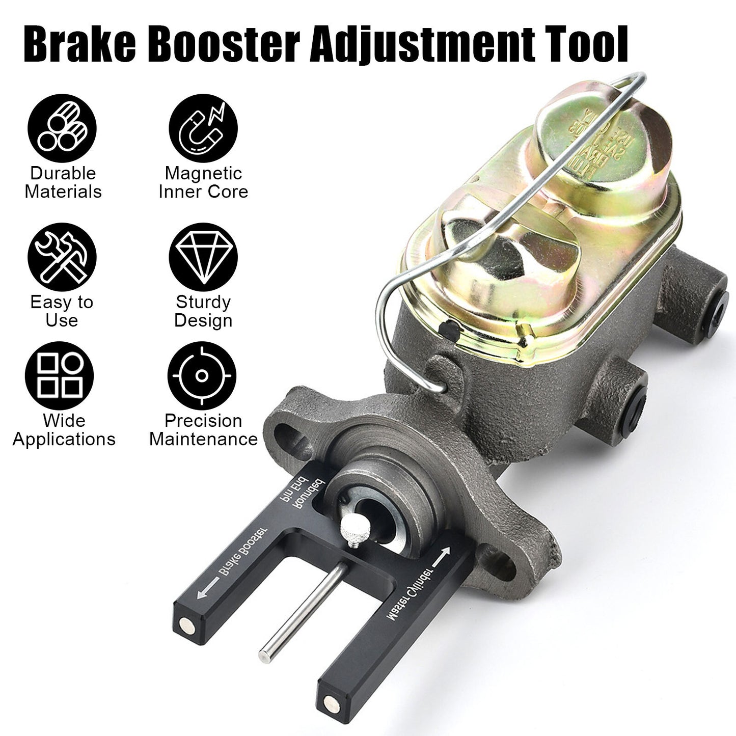 Brake booster pushrod adjusting tool with master cylinder pushrod length gauge
