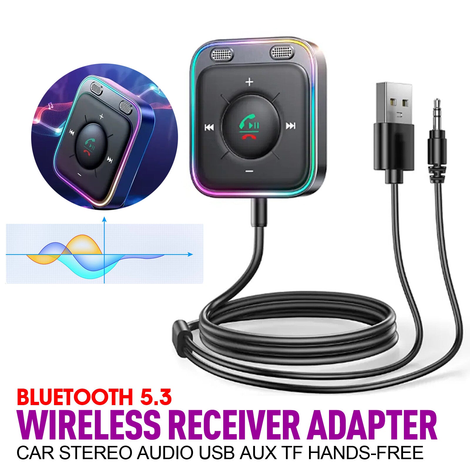 Car Bluetooth 5.3 Wireless Receiver Adapter, Stereo Audio, USB, AUX, TF, Hands-free