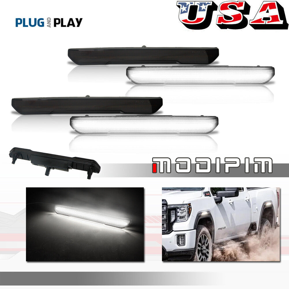 4-Pack Smoked F/R White LED Side Marker Lights for 2020-2022 for GMC for Sierra 2500 3500HD