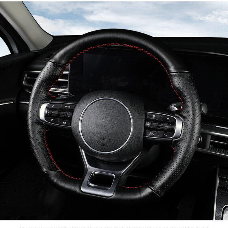 for Kia K5 2021-2023 D-shape Antiskid Hand sewing Leather Steering Wheel Cover