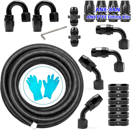 8AN AN8 Black 20ft Nylon Braided PTFE Fuel Line 10 Adapter Fittings Hoses for E85