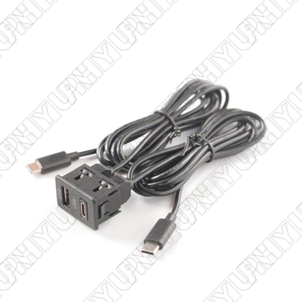 Car Dual Type-C to USB+TYPE-C Port Socket Panel Black with 145cm Extension Cable