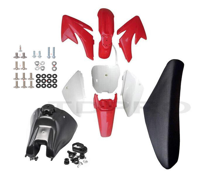 Red plastic fenders, fuel tank, for seat , and bolts are suitable for Honda cRF70 XR70 Dirt Pitbike.