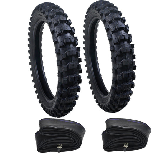 Front and rear 70/100-19 and 90/100-16 tires + tubing suitable for Honda CRF125, CRF150, and CR85 Pit bicycles.