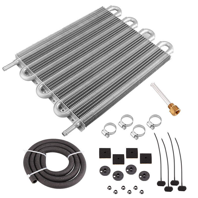 Universal 5/16-inch Transmission Oil Cooler Kit with 8-line/8-pass Tubing and Fins in Silver