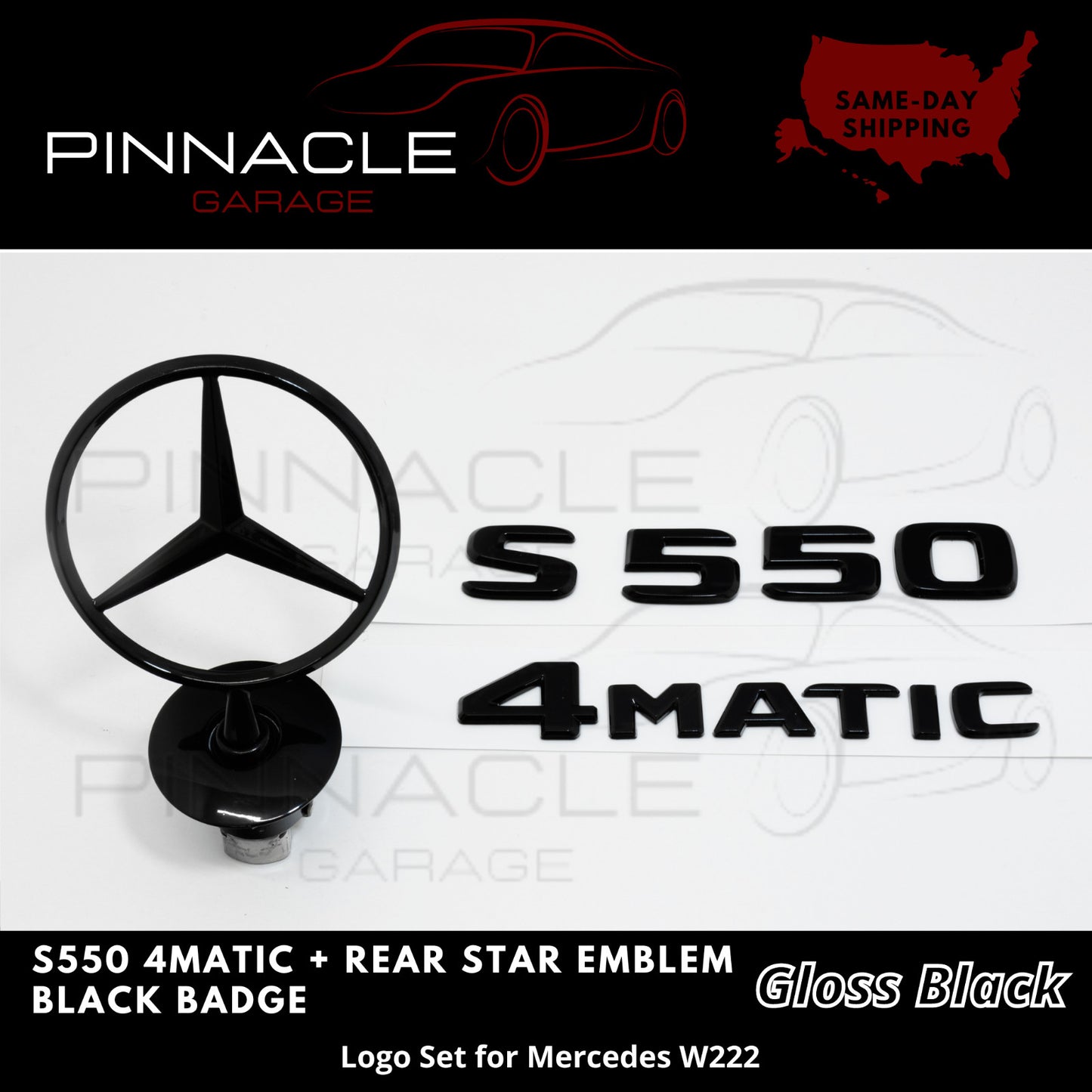 S550 4MATIC rear star badge, black badge logo with hood trim for W222 sedan