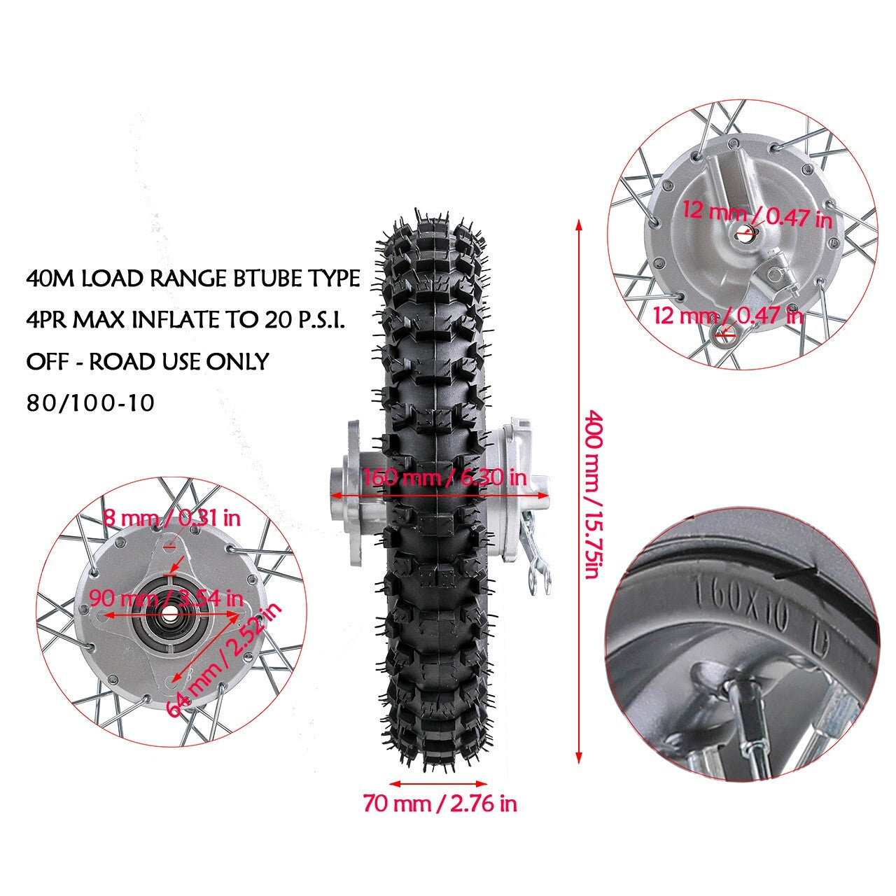 10-inch rear wheel, 80/100-10 tire, 3.00-10 rim, drum brake lever, pitted bicycle CRF70 XR70 SSR