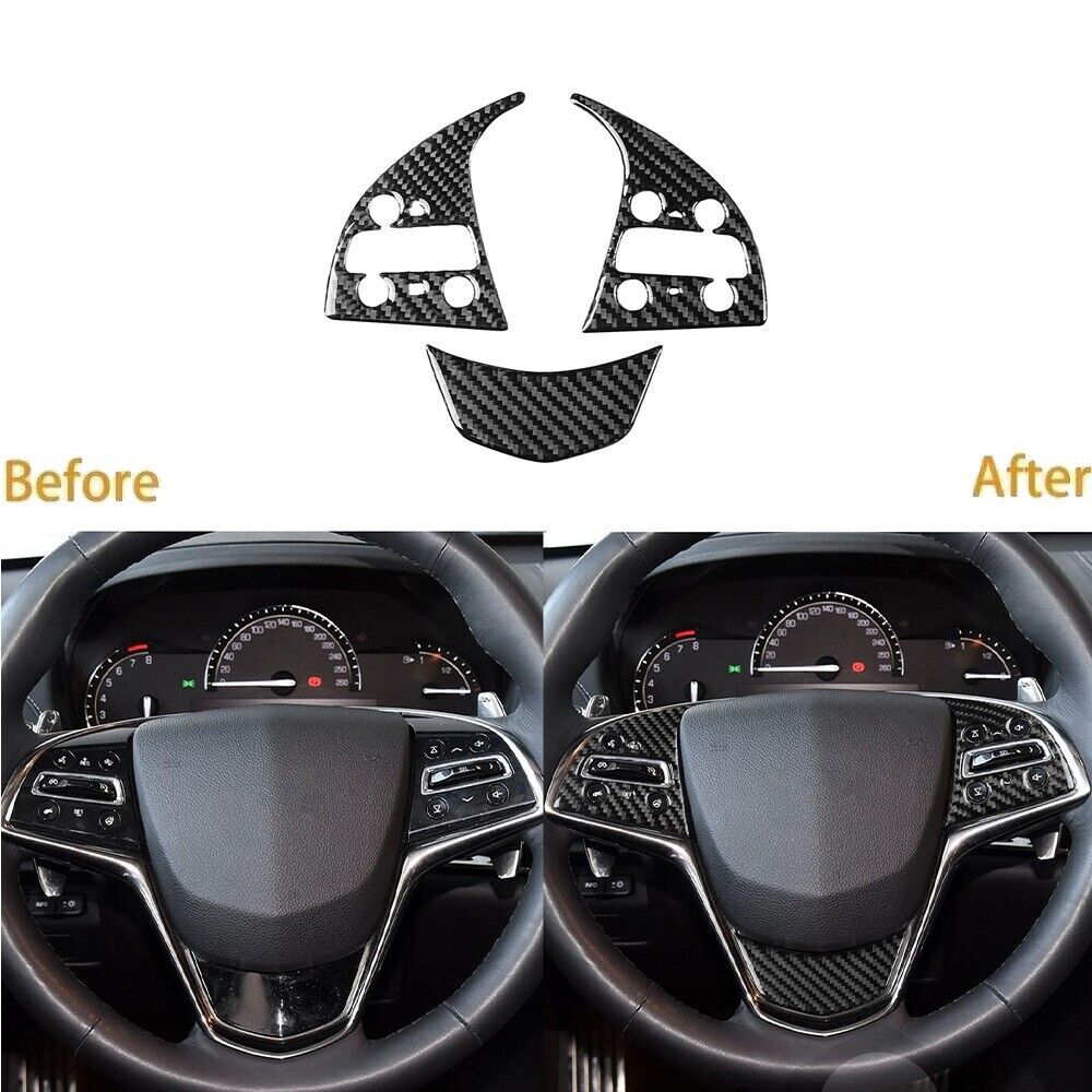 3Pcs Carbon Fiber Interior Steering Wheel Cover Trim for Cadillac ATS 2013-2019